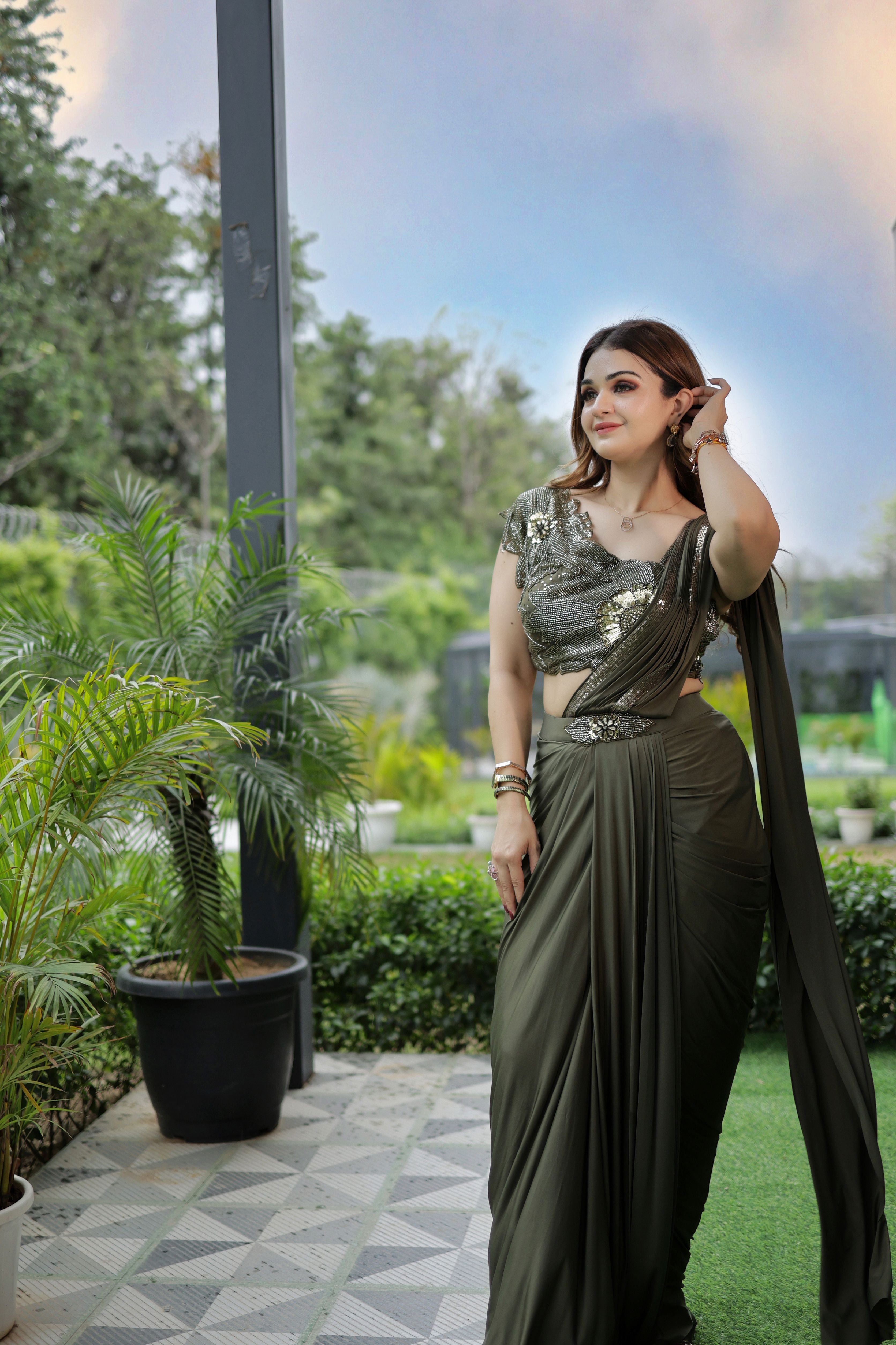 Olive Mehendi Green Drape Saree set