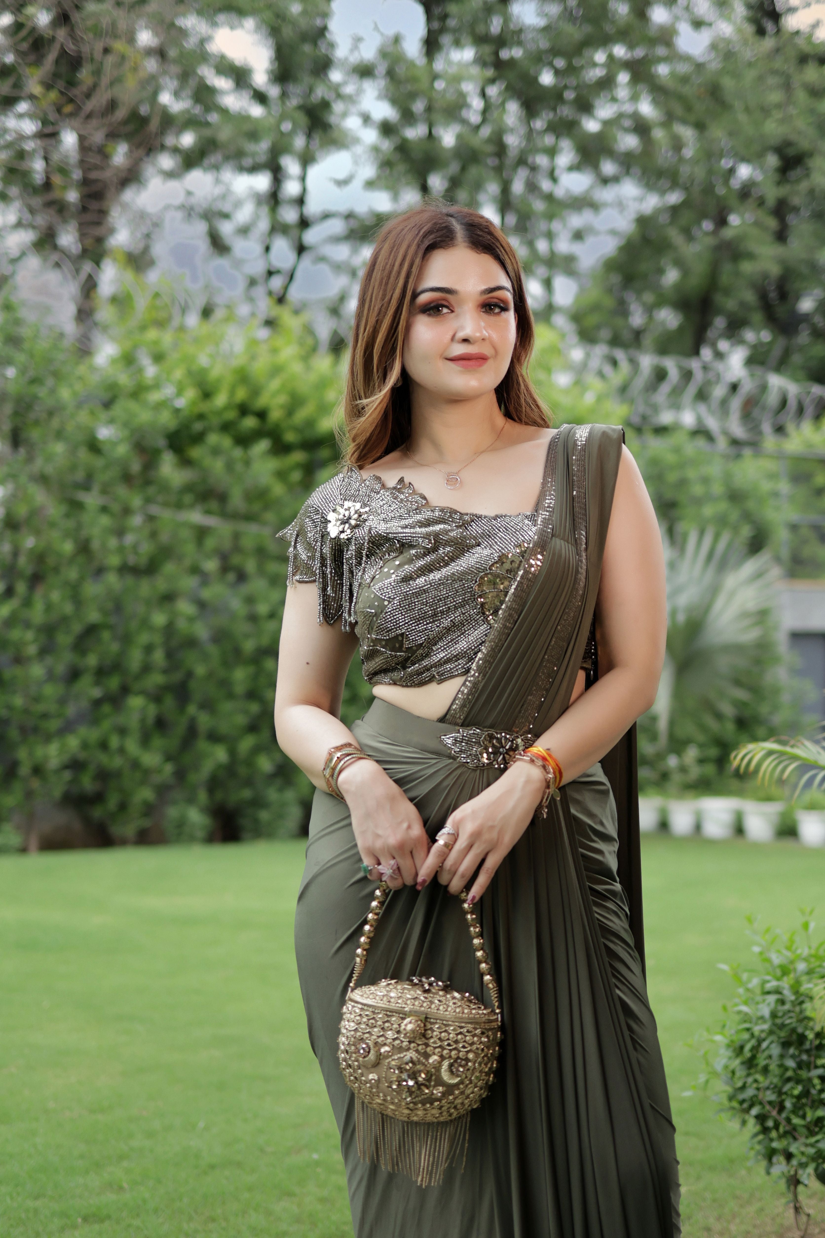 Olive Mehendi Green Drape Saree set