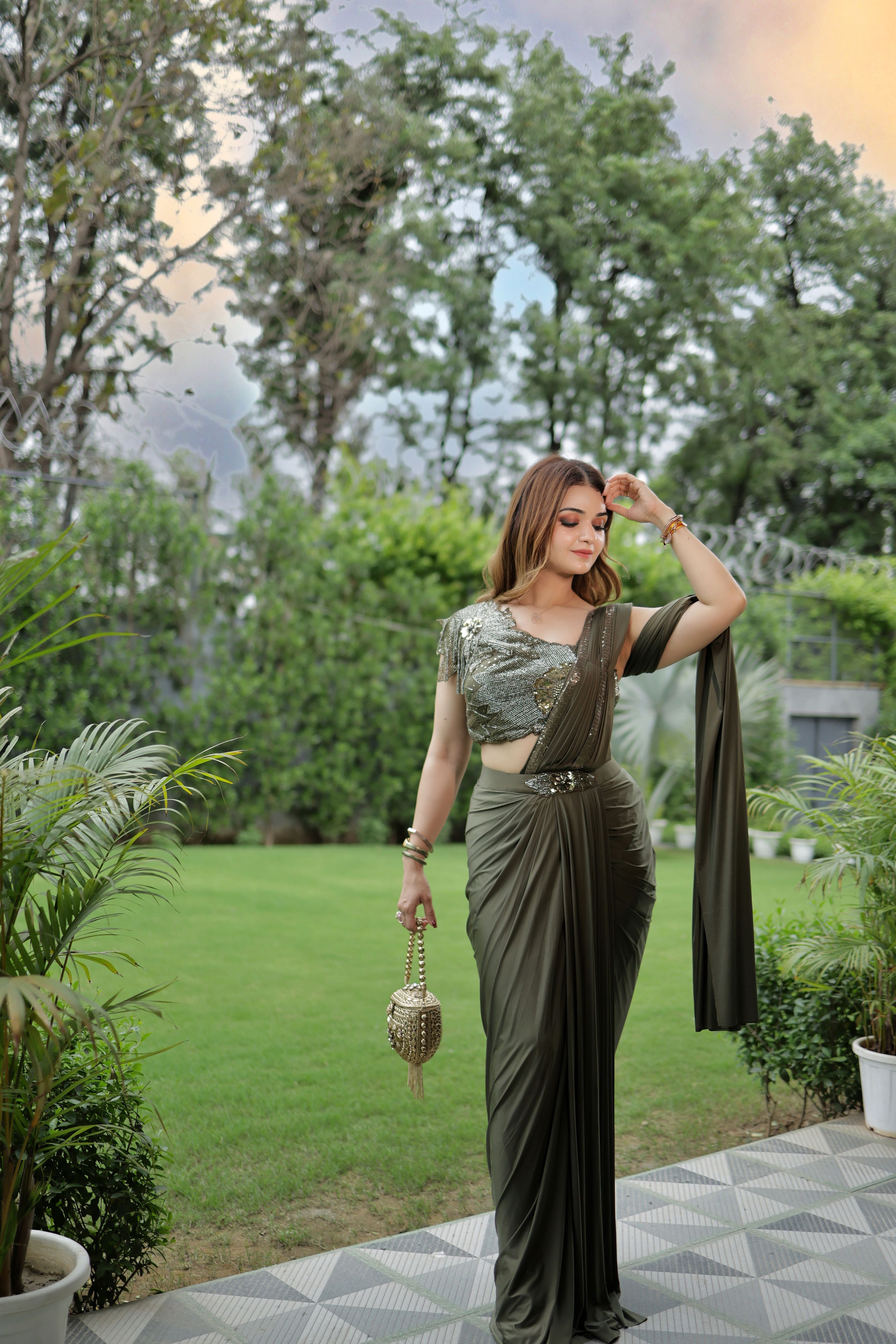 Olive Mehendi Green Drape Saree set