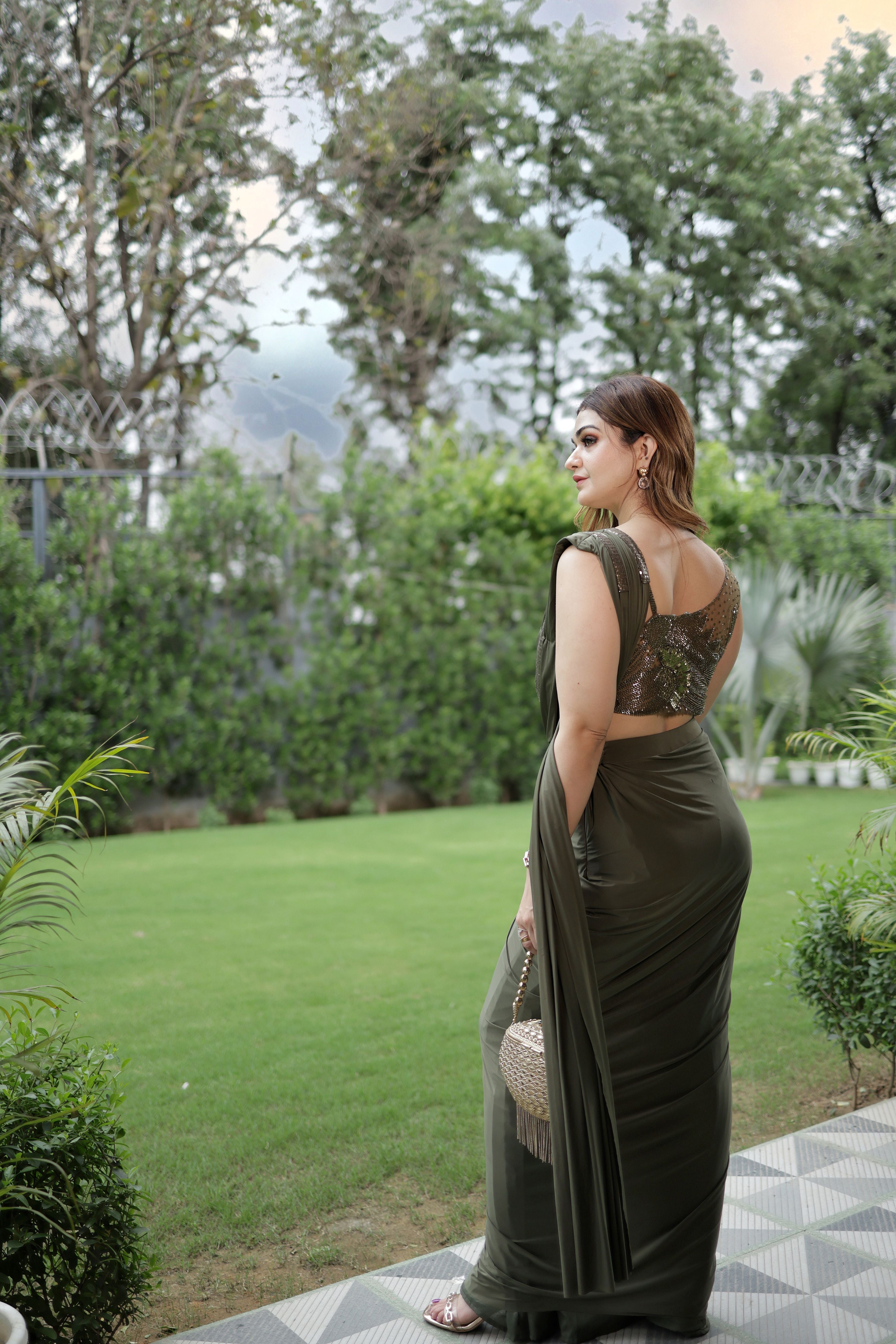 Olive Mehendi Green Drape Saree set